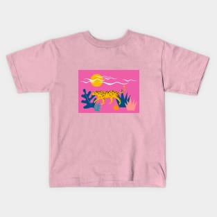 Walking Leopard Illustration ( pink background ) Kids T-Shirt